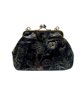 Patricia Nash Black And Gold Floral Embroidered Tabby Frame Clutch